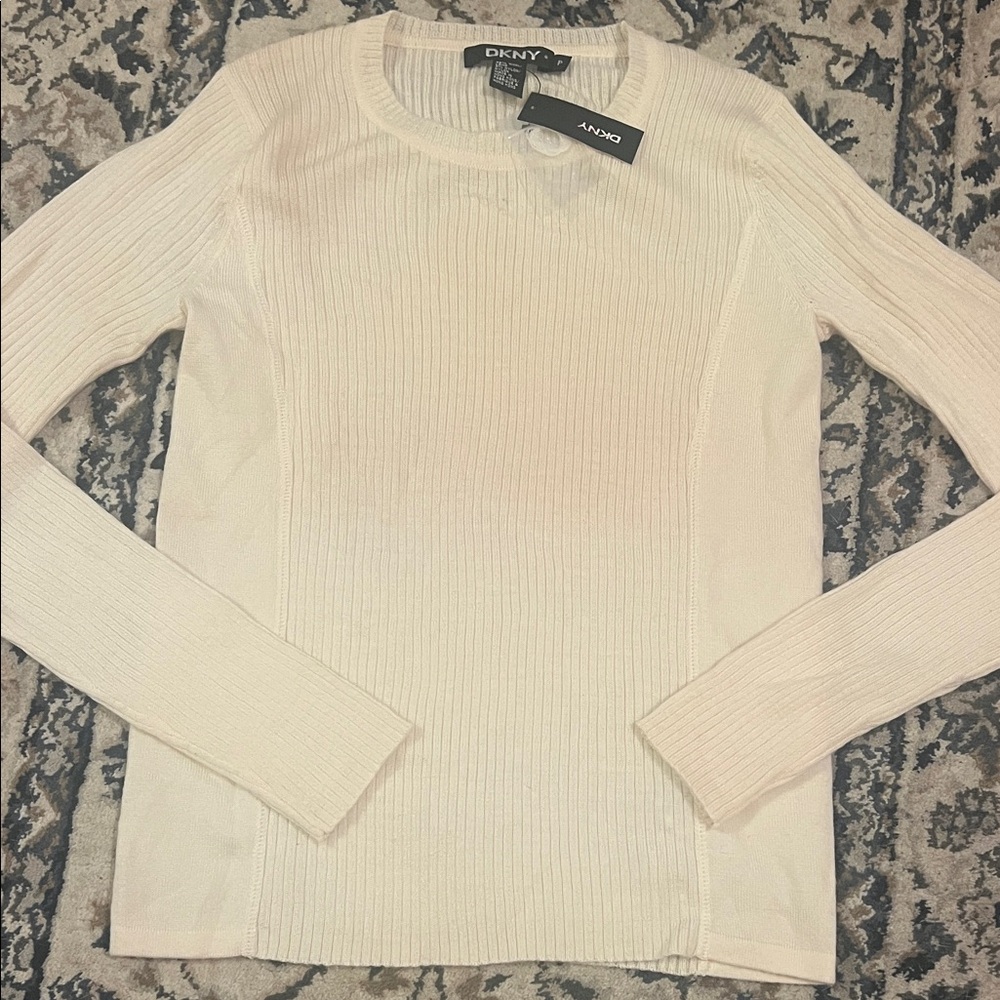 DKNY Cream Ribbed Long Sleeve Top